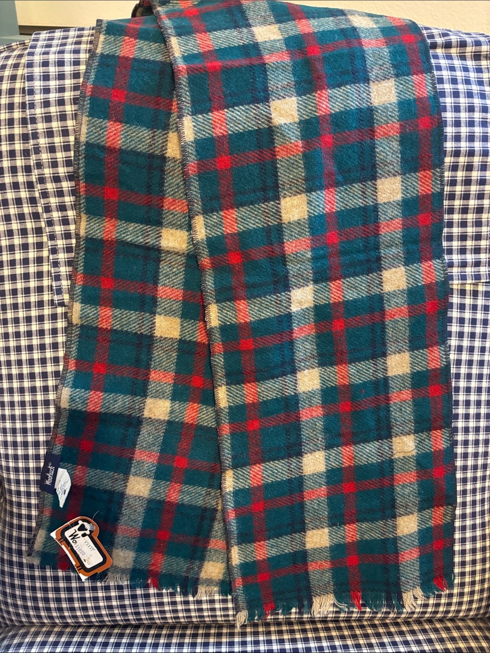 Woolrich Teal Plaid Wool Scarf with Red and Cream Checks